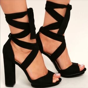 Lulu's Black Velvet Ankle Wrap Platform Heels Size  10